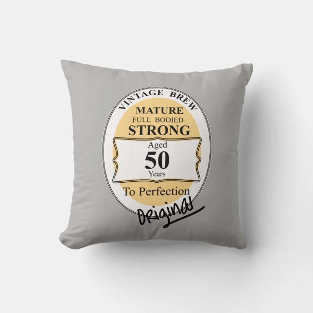 Novelty 50th Milestone Birthday Funny BeerLabel Throw Pillow (Front)