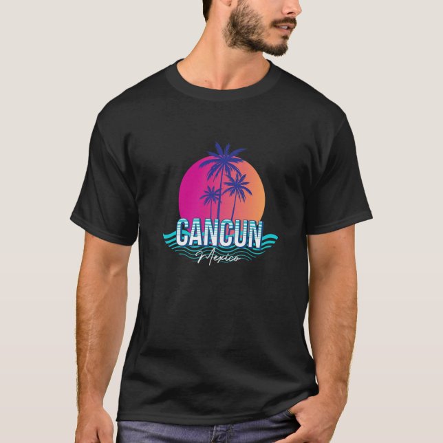 Novelty Cancun Mexico Sunset Palm Tree Ocean Wave T-Shirt (Front)