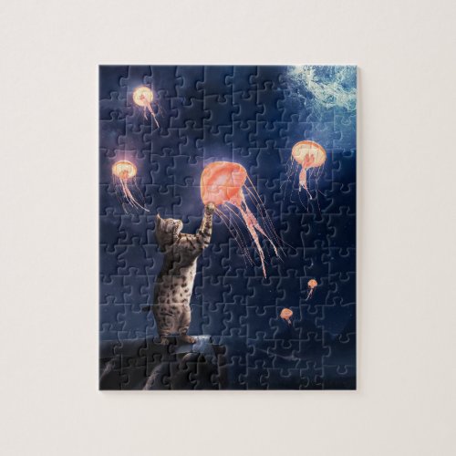 Novelty Cat and Flying Jellyfish Surrealism Art Jigsaw Puzzle