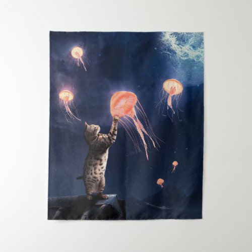 Novelty Cat and Flying Jellyfish Surrealism Art Tapestry