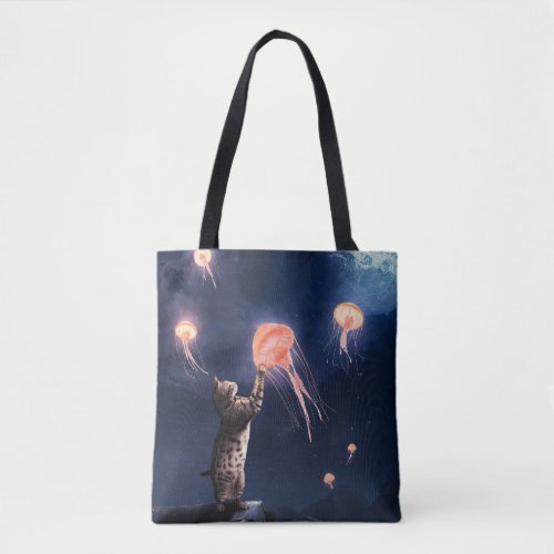 Novelty Cat and Flying Jellyfish Surrealism Art Tote Bag