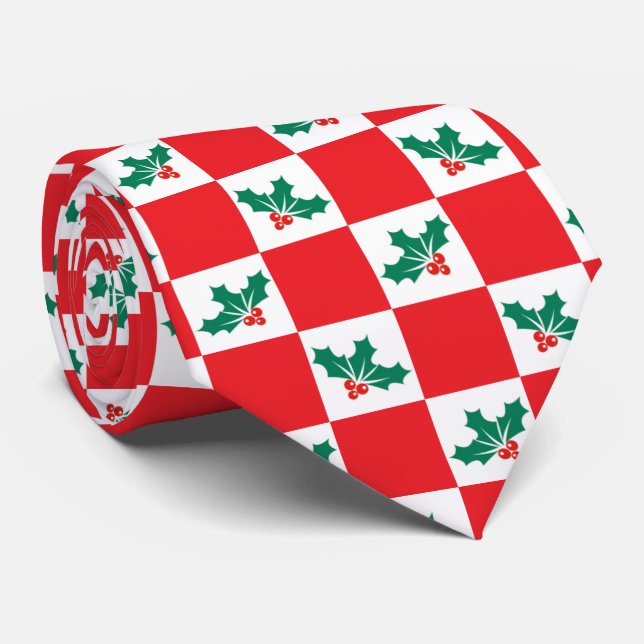 Novelty chequered Holly Christmas Neck Tie (Rolled)