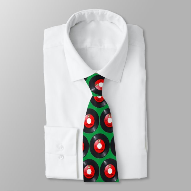 NOVELTY CHRISTMAS NECK TIE, Santa red 45RPM retro Neck Tie (Tied)