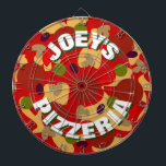 Novelty custom pepperoni pizza dartboard design<br><div class="desc">Novelty custom pepperoni pizza dartboard game. Funny fast food theme dart board design with personalized name. Cool wall decor for real men's man cave, pizzeria, italian restaurant, bar, pub, dorm room, bedroom, kitchen, diner, cafe, office, shop, store, business, company etc. Personalizable with family name or humorous quote. Awesome Birthday gift...</div>