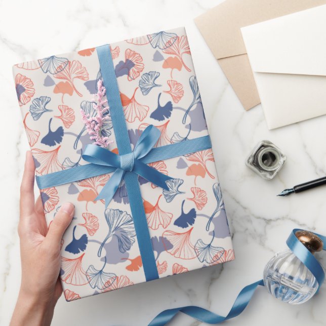 Novelty Ginkgo Leaf Pattern Navy Blue & Orange Wrapping Paper (Gifting)