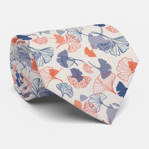 Novelty Ginkgo Navy Blue and Orange Pattern Neck Tie