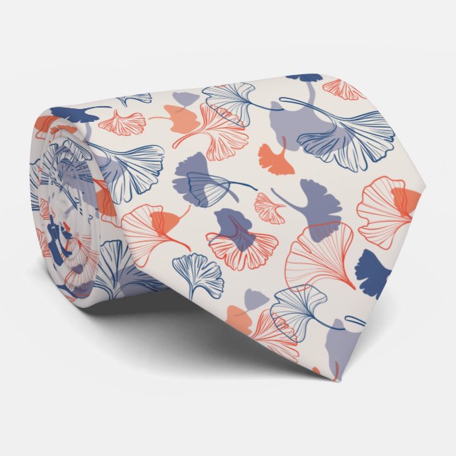 Novelty Ginkgo Navy Blue and Orange Pattern Neck Tie (Rolled)