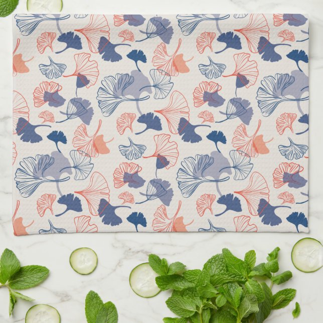 Novelty Ginkgo Navy Blue & Orange Pattern Kitchen Towel (Folded)