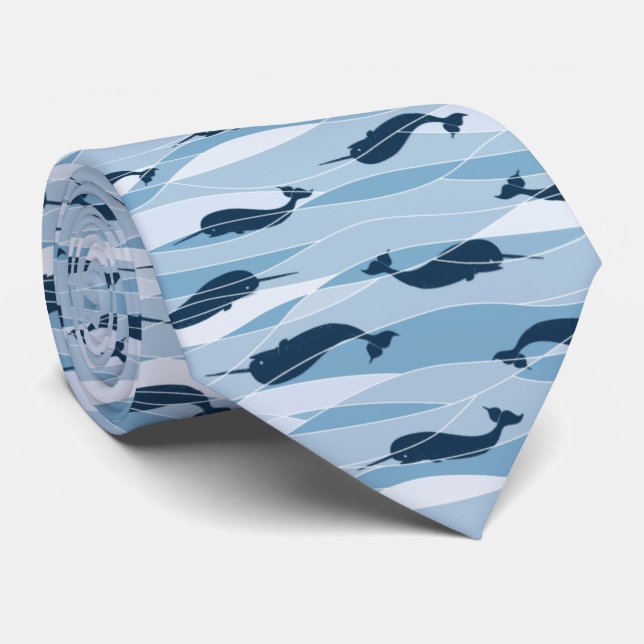 Novelty Narwhal Waves Allover Print Neck Tie (Rolled)