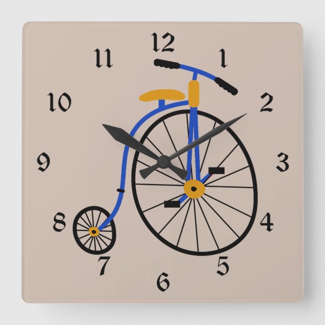 Novelty Old Fashioned Bike Blue Square Wall Clock (Front)