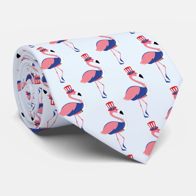 Novelty Pink Flamingo July 4th Holiday Neck Tie (Rolled)