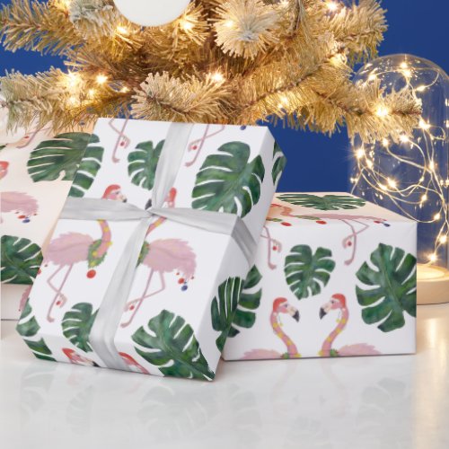 Novelty Pink Santa Flamingo Green Christmas Wreath Wrapping Paper
