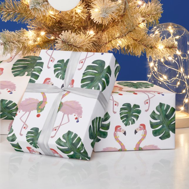 Novelty Pink Santa Flamingo Green Christmas Wreath Wrapping Paper (Holidays)