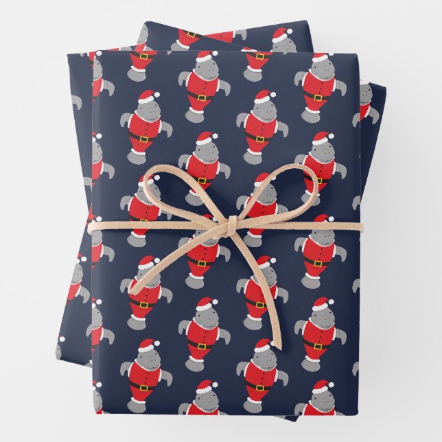 Novelty Santa Animal Manatee Christmas Wrapping Paper Sheets (In situ)