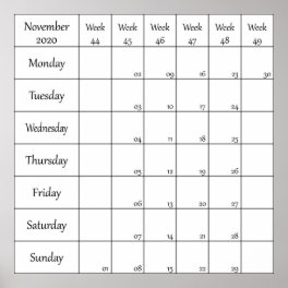 november 2020 planner calendar with week number poster