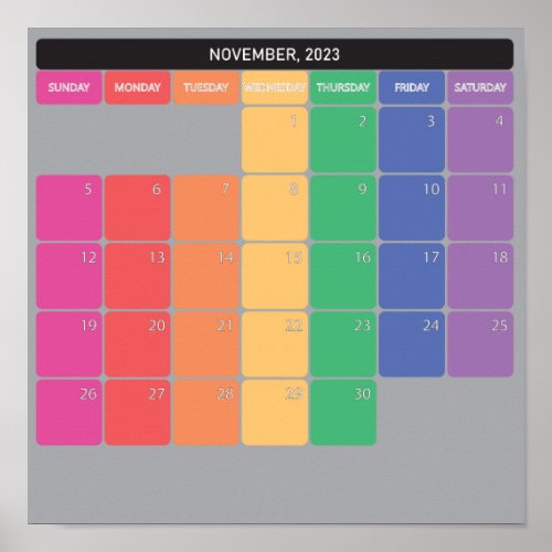 November 2023 planer calendar color days poster