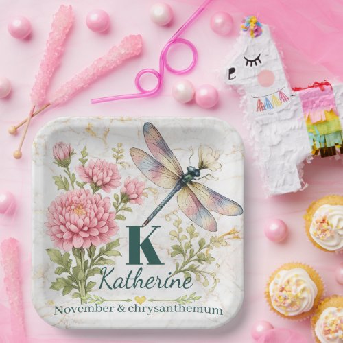 November Birth Flower Chrysanthemum & Dragonfly Paper Plates