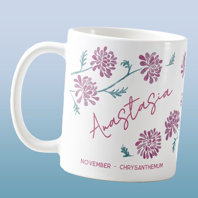 November Birth Flower Custom Name Chrysanthemum Coffee Mug (Birth Month Flower November birthday personalized custom name watercolor botanical art coffee mug)