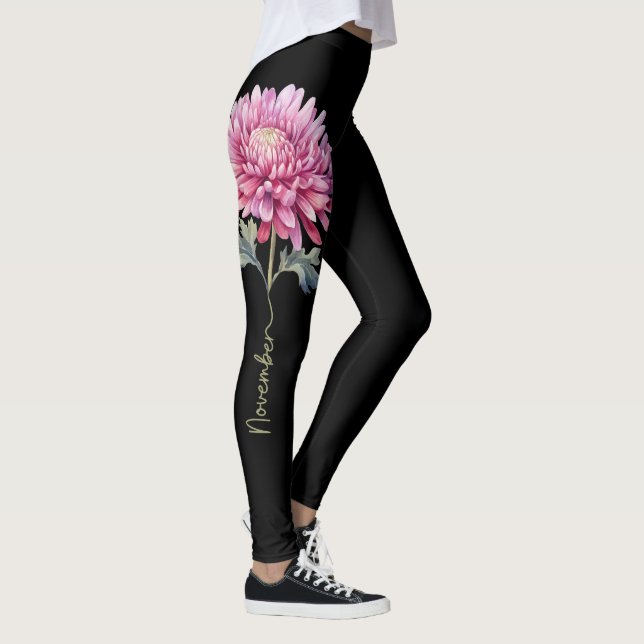 November Birth Flower, Pink Chrysanthemum Leggings (Right)
