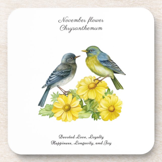 November Birth Month Flower Chrysanthemum Birds Beverage Coaster (Front)