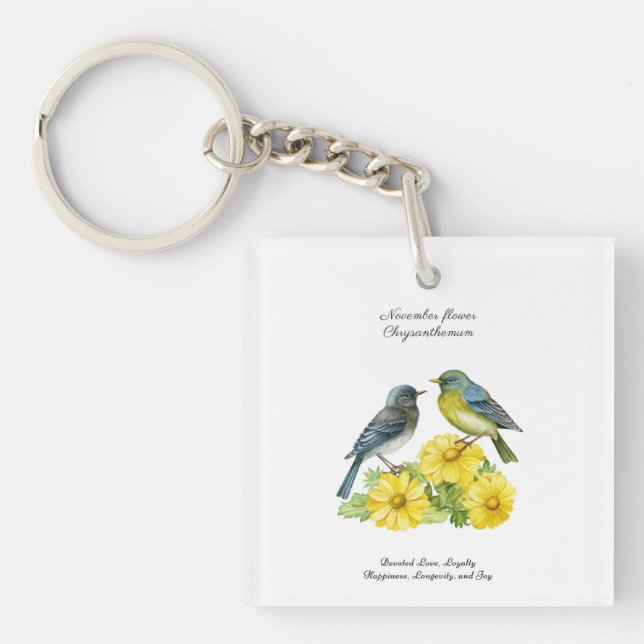 November Birth Month Flower Chrysanthemum Birds Keychain (Front)