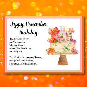 November Birthday Flower Chrysanthemums on Cake Card