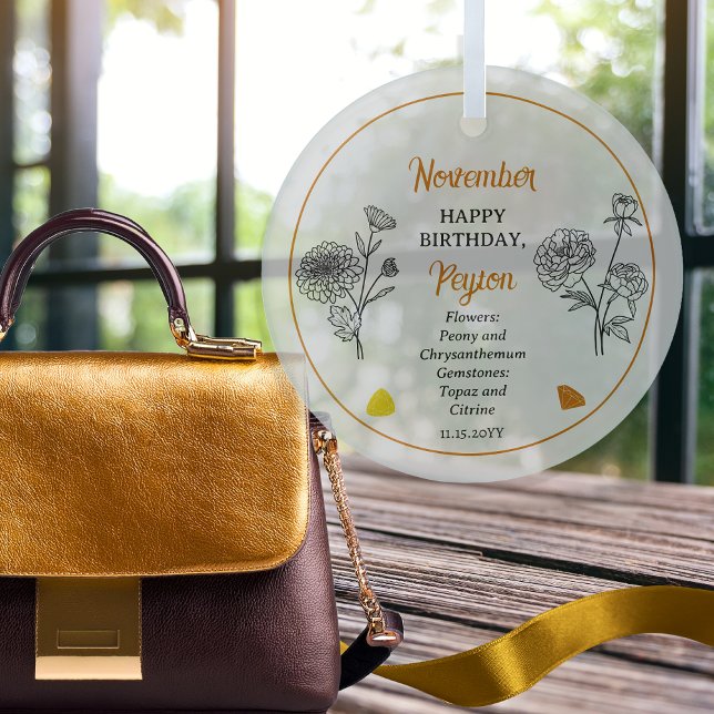 November Chrysanthemum Peony Birthday Keepsake Glass Ornament (November Chrysanthemum and Peony Floral | Topaz, Citrine Gemstone Birthday Keepsake Glass Ornament)