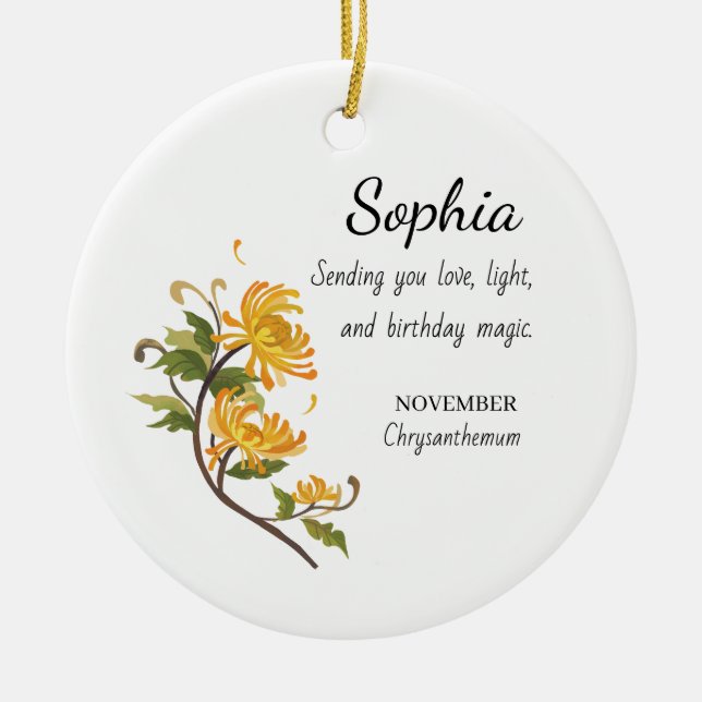 November Chrysanthemum Personalized Birthday Ceramic Ornament (Front)