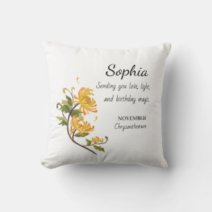 November Chrysanthemum Personalized Birthday Throw Pillow