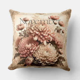November Chrysanthemum Vintage Floral Birth  Throw Pillow
