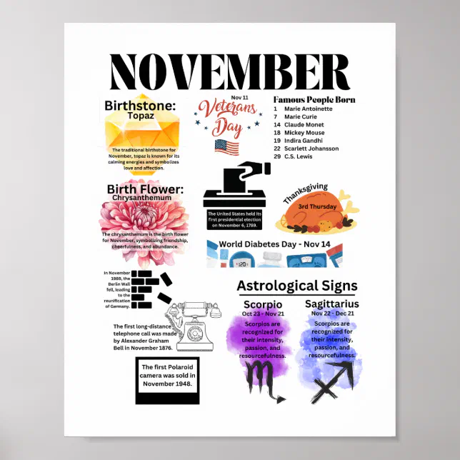 November Fun Facts Poster | Zazzle