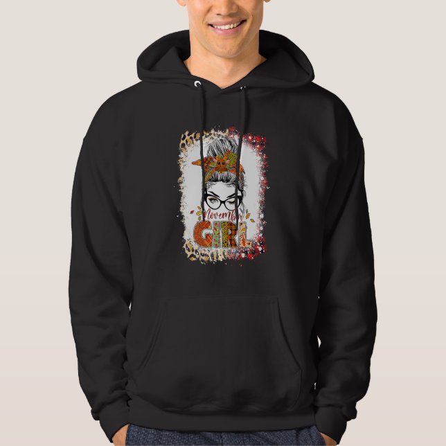 November Girl Leopard Messy Bun Hair Turkey Thanks Hoodie (Front)