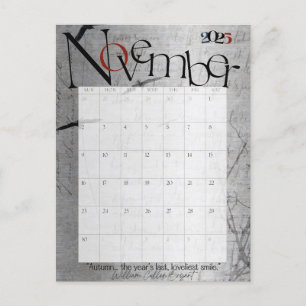 November Gray Modern Monthly Calendar 2025 Postcard