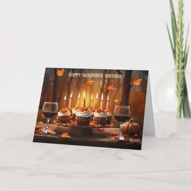 November Happy Birthday with Wine Cupcakes  Holiday Card (Front)