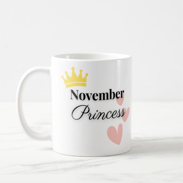 November Princess Mug – Gold Crown & Hearts Design (Left)