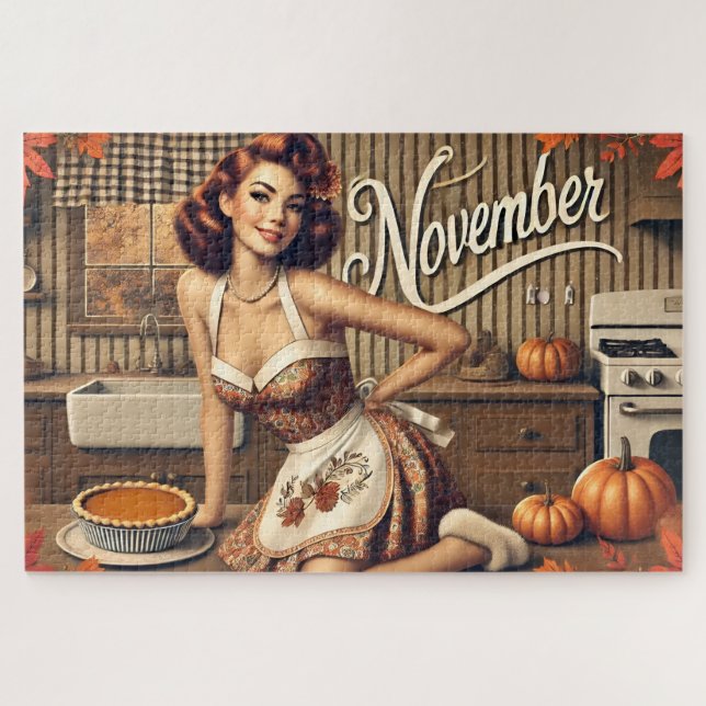 November Retro Pin-Up Girl Pumpkin  Jigsaw Puzzle (Horizontal)