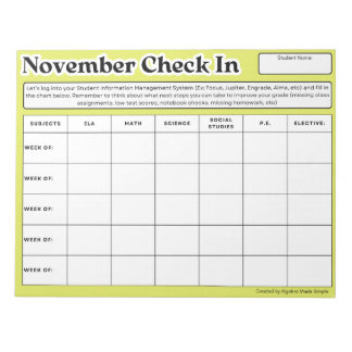 November Student Check In Weekly Grade Progress Notepad