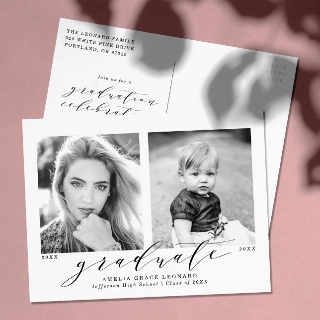 Now and Then 2 Photo Graduation Party Invitation Postcard (Creator Uploaded)