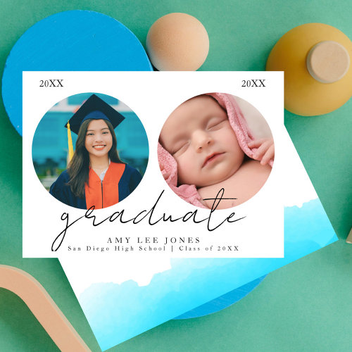 Now and Then Modern Blue Photo Graduation Announcement