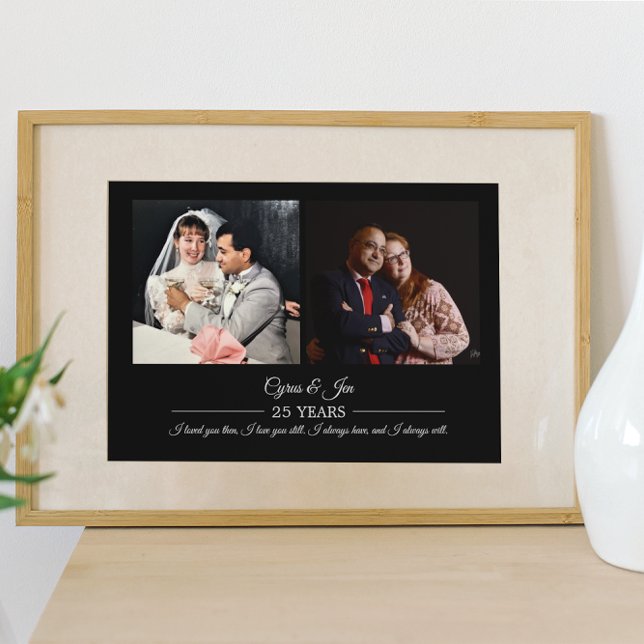 Now and Then Photos Silver Text Anniversary Photo  Poster (Creator Uploaded)