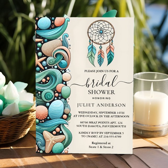 Now Aqua Sand Work Stacked Sea Glass Bridal Shower Invitation (Creator Uploaded)