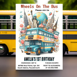 Now Boy Cute Girl Tour City Party Bus 1st Birthday Invitation