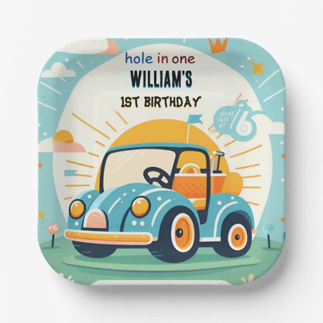 now boy cute golf hole in one first 1st birthday paper plates (Front)