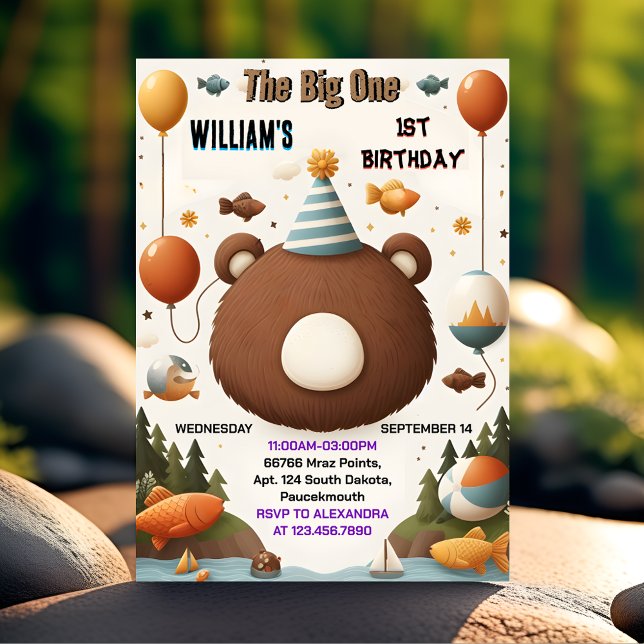 Now Brown Fun Fish Boy Cute Baby Bear 1st Birthday Invitation (Creator Uploaded)