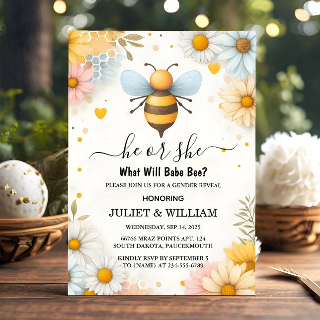Now Bug Daisy Bloom Rustic Busy Bee Gender Reveal Invitation (Creator Uploaded)