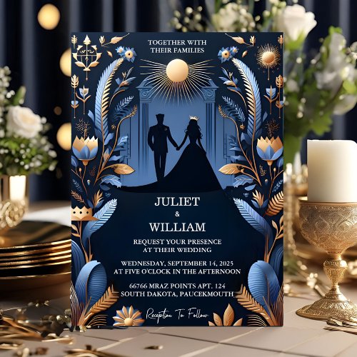 Now Castle Luxury Fuchsia Crown Royal Blue Wedding Invitation