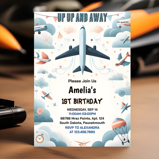Now Cloud 9 Fly Cute Sky Joy Airplane 1st Birthday Invitation (Creator Uploaded)
