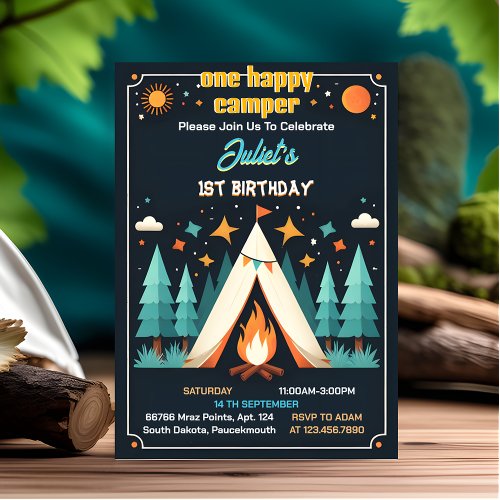 Now Cute Nature Boys One Happy Camper 1st Birthday Invitation