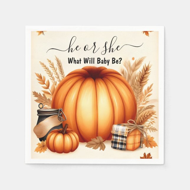 Now Farm Pink Blue Fall Girl Pumpkin Gender Reveal Napkins (Front)