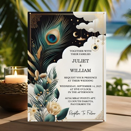 Now Feather Rustic Asian Sky Cloud Peacock Wedding Invitation